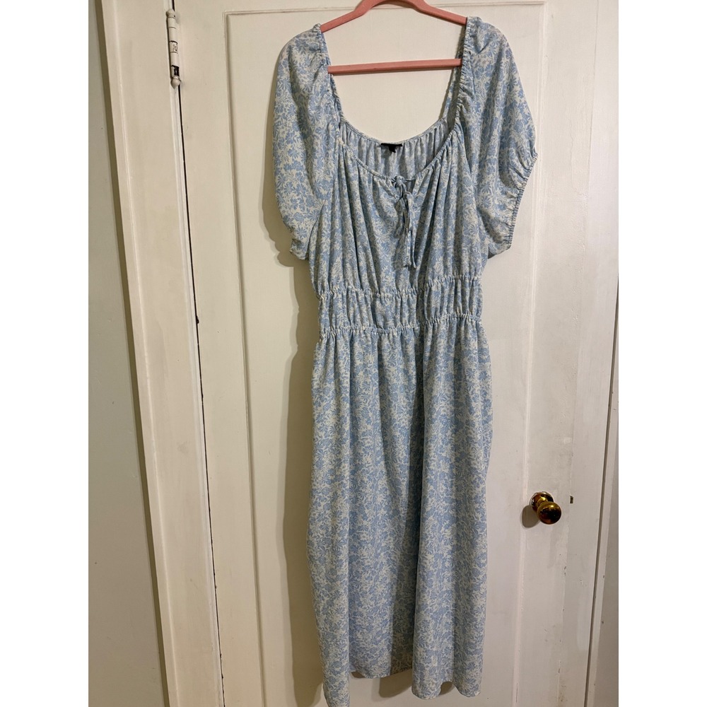 Who What Wear Blue White Floral Puff Sleeve Midi Dress Plus Size 2X Pockets